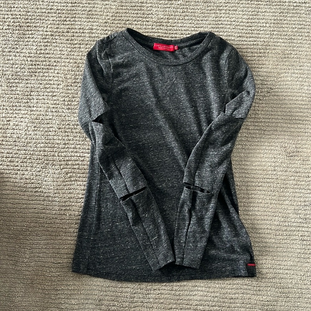 Philanthropy long sleeve t-shirt with 2 cut outs on sleeve. Size small - Gray